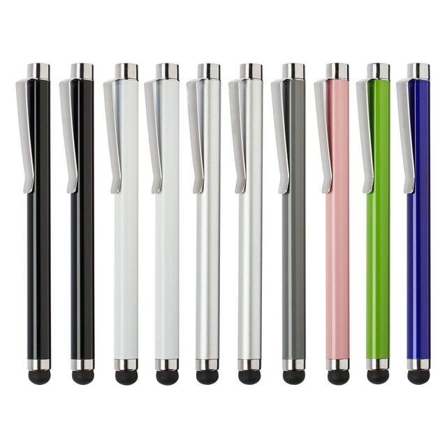 Onn. 10 Pack Anti-Scratch Rubber Tipped Stylus Pen Set featuring multicolor slim metal styluses with ergonomic design, silver clips, and black rubber tips that protect screens, compatible with most tablets and smartphones, also suitable for digital calligraphy and sketching.