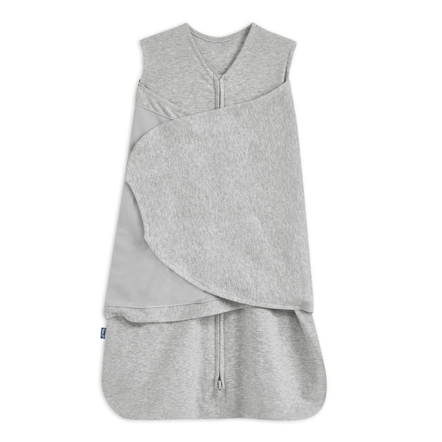 HALO® SleepSack® Swaddle - Cotton - Grey Newborn, front view of a grey 100% cotton newborn swaddle with sleeveless design and 3-way adjustable wrap to secure arms, featuring a bottom zipper for easy diaper changes and safe sleep.