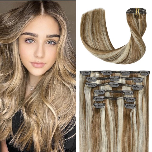 UGOTRAYS Clip In Extensions Real Human Hair Balayage Light Brown to Bleach Blonde Highlights Remy Human Hair Extensions 15 Inch 70g Double Weft 7pcs #6p613 Human Hair Clip in Extensions