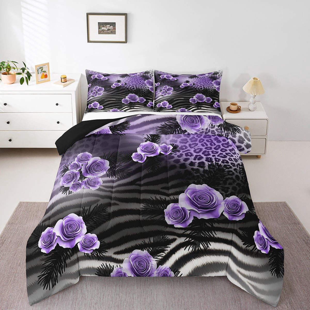 Erosebridal Romantic Rose Bedding Sets with Comforter, Leopard Cheetah Print Duvet Insert, Zebra Reversible Bedding Comforter Set, Breathable Bedroom Decorative, 2 Pieces