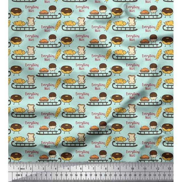 Soimoi Polyester Crepe Fabric Sleigh,Bread & Hot Dog Food Fabric Prints by Yard 52 Inch Wide