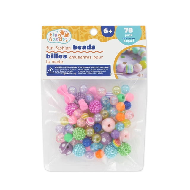 TINY HANDS Perles de Mode Amusantes, Lot de 78 Pcs de Perles Colorées Assorties aux Formes Ludiques Incluant des Nœuds, des Sphères Texturées et des Rondes Rayées, Conçues pour les Enfants de 6 Ans et Plus, Parfaites pour la Fabrication de Bijoux et les Projets d'Artisanat, dans un Sac Transparent Refermable avec Étiquettes Bilingues Anglais et Français.