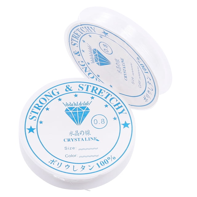 TFixol 0.7mm Elastic Bracelet String, a 32ft strong and stretchy transparent beading thread, ideal for DIY jewelry, necklaces, and bracelet making. The image shows two spools of clear elastic thread with blue labeling, featuring the text 'Strong & Stretchy' and 'Crystalline.' Suitable for use with gemstone beads, glass beads, and seed beads. Durable and easy to knot, this thread is perfect for crafting and hanging decorations.