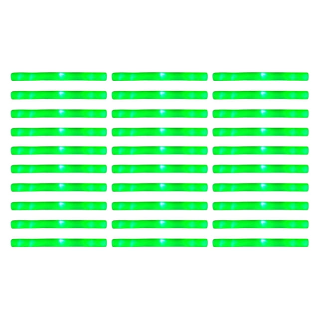 30Pcs LED Glow Sticks Set Light up Foam Sticks for Clubs Nightlife Festival Green. A set of 30 green LED foam sticks arranged in rows, each measuring 4cmx4cmx48cm. Made of durable foam sponge material, these lightweight and portable glow sticks are designed for parties, concerts, festivals, and other events. They emit bright, colorful light and are suitable for creating a vibrant atmosphere.