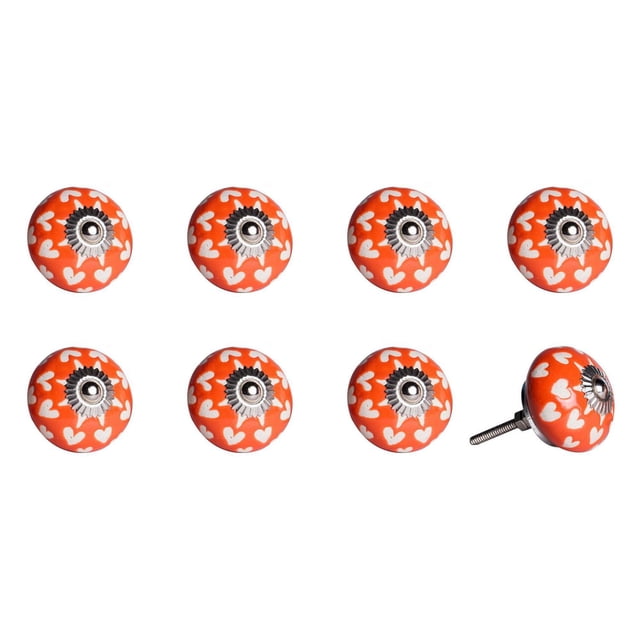 KNOB-IT vintage handpainted ceramic knobs 8 pack featuring round orange knobs with white heart patterns and silver metal bolt centers, 1.5 inches diameter, suitable for cabinets and drawers, with bolts that can be trimmed to size for custom fit.