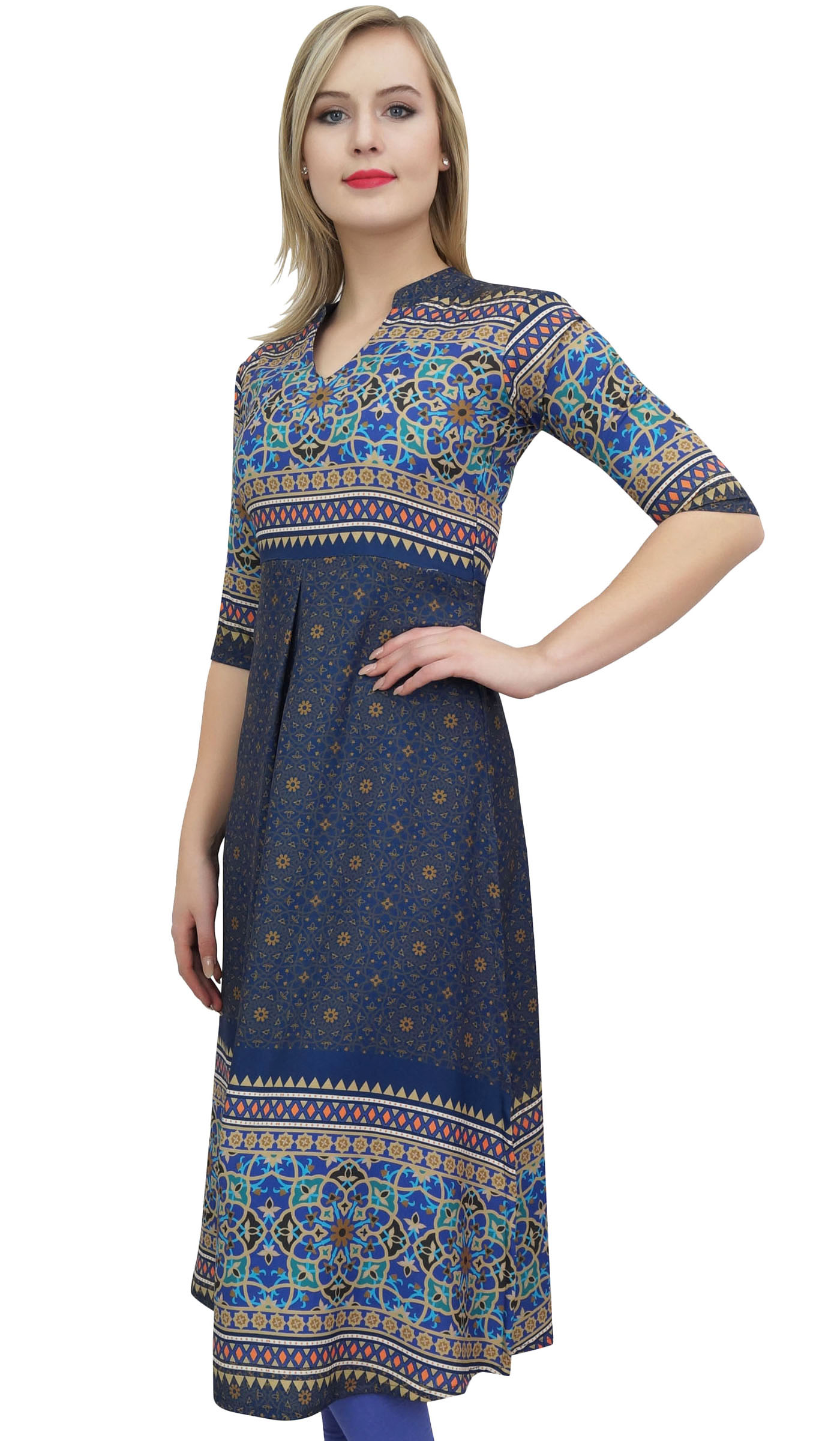Bimba Women's Navy Blue Designer Tunic Printed A-Line Kurti Kurta Dress-28