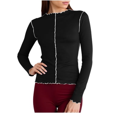 Pisexur Chandail à Manches Longues Femme Tissu de Haute Qualité Hauts pour Femmes Femmes Dames Couleur Contrastante Bord Roulé Demi-Col Montant T-shirt à Manches Longues Style Tendance Ajusté Polyvalent Chandail de Base Noir,2TG