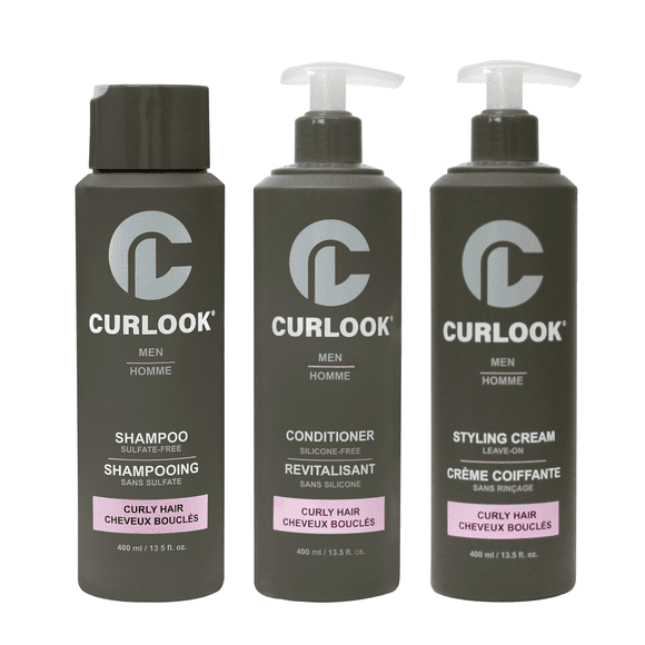 Curlook Ensemble pour Cheveux Bouclés / Sans Sulfate, Sans Silicone Shampooing, Revitalisant et Crème Coiffante Sans Rinçage pour Hommes / 400 ml (13,5 oz) Chacun / Fabriqué au Canada Produits pour Cheveux Bouclés / Lot de 3