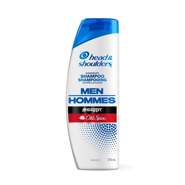 Head & Old Spice Swagger Shoulder Shampoing Antipelliculaire pour Hommes en Bouteille Blanche de 370 ml avec Bouchon à Clapet Bleu, avec Texte Bleu, Bande logo Old Spice Rouge et Noire, et Motif à Pois Bleus, Formulé pour le Contrôle des Pellicules et la Santé du Cuir Chevelu.