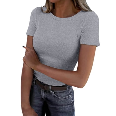 Fgnfyis T-Shirts à Manches Courtes pour Femmes Col Ras du Cou en Tricot Côtelé Coupe Ajustée T-Shirts Basiques T-Shirt Décontracté Été 2025 Vêtements Tendance T-Shirts pour Femmes Gris Clair TG