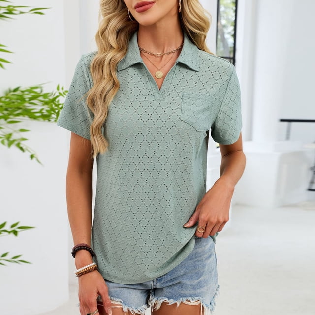 Pisexur Hauts pour Femmes Tendances Mode Chemises Col à Revers Col en V Manches Courtes Blouse Chic Décontractée Tunique Hauts Vert,m