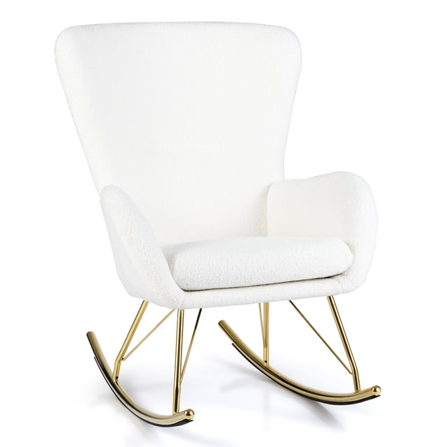 Gymax Nursery Rocking Chair with curved backrest and armrests, featuring a white teddy fleece fabric upholstery and a detachable seat cushion. The chair has a golden electroplated metal frame with curved legs and felt foot pads for smooth rocking. Designed for ergonomic comfort, it includes a high backrest, curved armrests, and a thick seat cushion. Suitable for nurseries, bedrooms, or living rooms, it measures 39.5 inches in length, 28 inches in width, and 38 inches in height, with a weight capacity of 330 lbs.