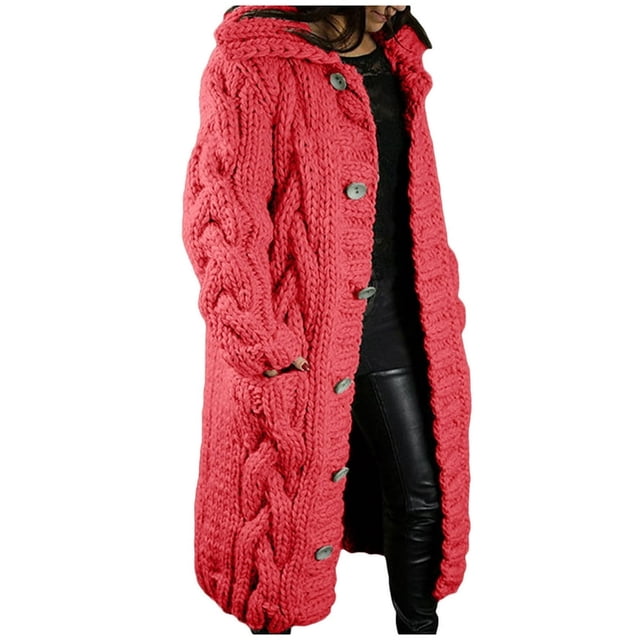 Women‘s Long Large Classic Cardigans Cable Knit Hood Sweater Oversized Button Duster Coat with Pocket 2024