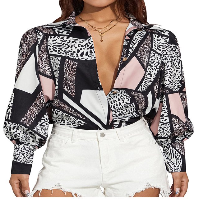 Women Spring Autumn Retro Bishop Sleeve Shirt Office Lady Solid Color/Leopard Print Lapel Long Sleeve Button-Up Tops Green S