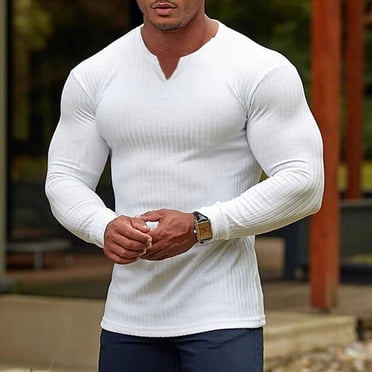 Miqool Men's Long Sleeve Muscle Shirts Stretch Ribbed Knit Pullover Sweater Slim Fit Basic Solid Thermal Tops Undershirts Gym Workout Bodybuilding Training Tee Tops S-3XL