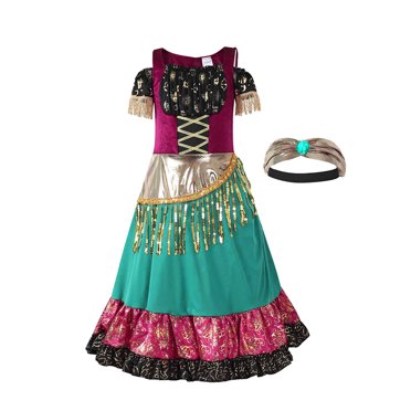 WEAIXIMIUNG Vêtements de Déguisement pour Filles pour Jouer Taille 3T Enfants Tout-Petits Bébés Filles Printemps Été Imprimé Gitane Manches Courtes Bohème Bandeaux Brillants Robe