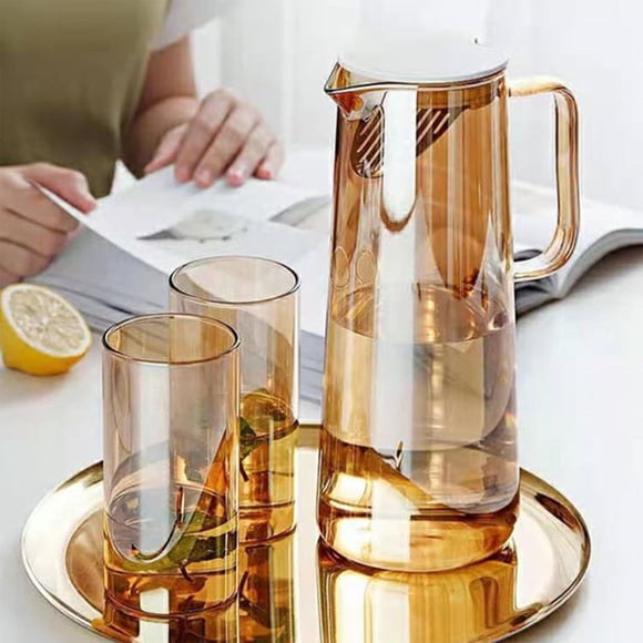 EDHITNR Large Capacity Amber Glass Lemonade Jug High Borosilicate Cold Water Pot Set for Drinks, Food Grade Lead Free Pitcher with Push Lid for Iced Tea Coffee