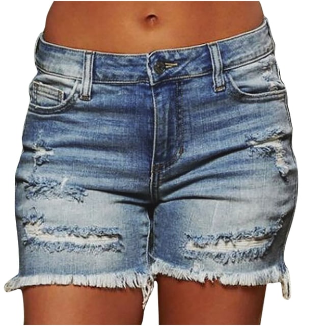 nerohusy High Rise Denim Cutoffs for Women Button Fly Ripped Jean Shorts with Pockets Frayed Hem Casual Summer Short Pants,Navy,S