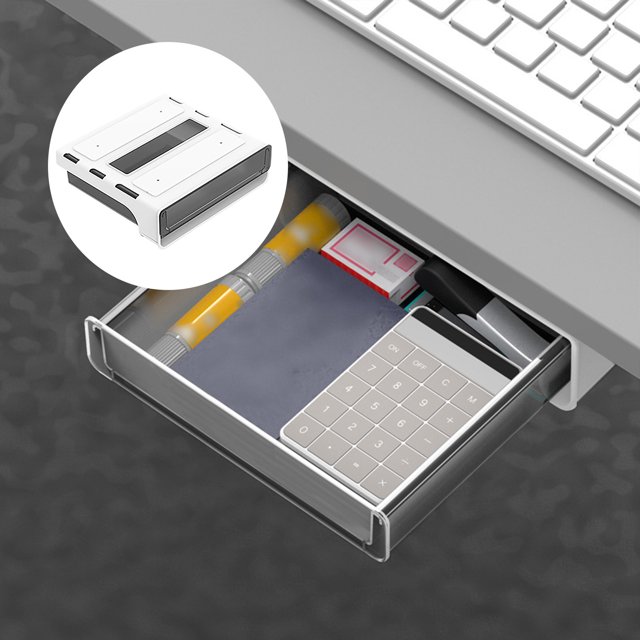 SuoKom Hidden Plastic Storage Box Under Desk Drawer, Table Hidden Organizer Slide Out Large Storage Desktop Pencil Tray for Office Home School Kitchen Self-Adhesi