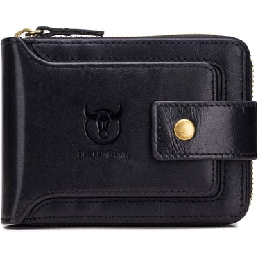 BULLCAPTAIN Genuine Leather Wallet for Men Large Capacity ID Window Card Case with Zip Coin Pocket