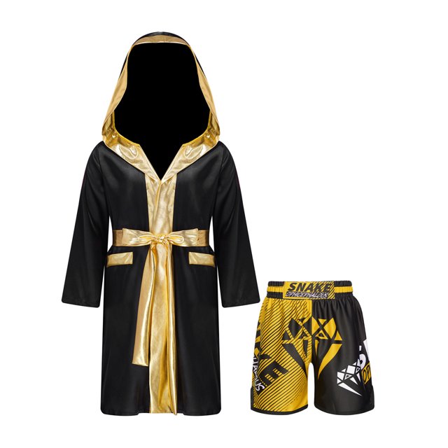 RUNQHUI Kids Boys Boxing Outfits Metallic Satin Hooded Robe Cloak and Shorts Set Boxer Party Fancy Dress B4 6