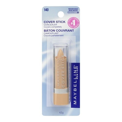 Maybelline New York Cover Stick Corrector Concealer 4.5 GR in medium beige, a twist-up stick concealer in clear plastic packaging with blue and white backing, designed to cover blemishes, dark circles, and imperfections completely without clogging pores.