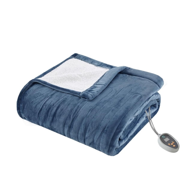 CC Plush Heated Blanket with Automatic Timer folded, showing blue ultra-soft plush exterior and white teddy fleece reverse, with wired controller featuring digital display and 20 heat settings plus 10-hour auto shut off for electric bedding warmth.