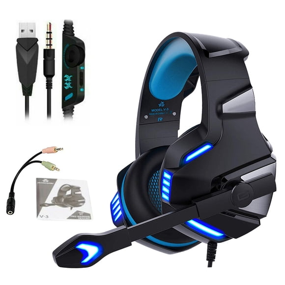 Hunterspider V3 Gaming Headset Stereo Noise Cancelling Wired Earphone LED Gaming Microphone Headphone, Black Blue
