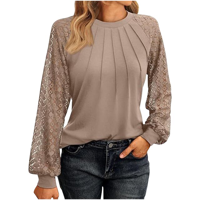 Timegard Hauts pour Femmes Dentelle Manches Longues Épaules Tombantes Blouse Froncée Automne Décontractée Col Rond T-Shirt Confortable Hauts