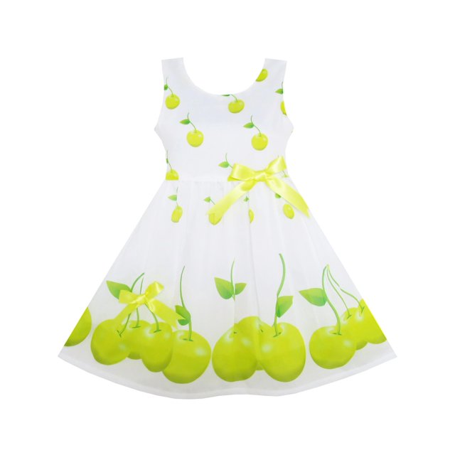 Robe Fille Imprimé Feuilles de Pomme Verte Satin Nœud Papillon 2 Ans
