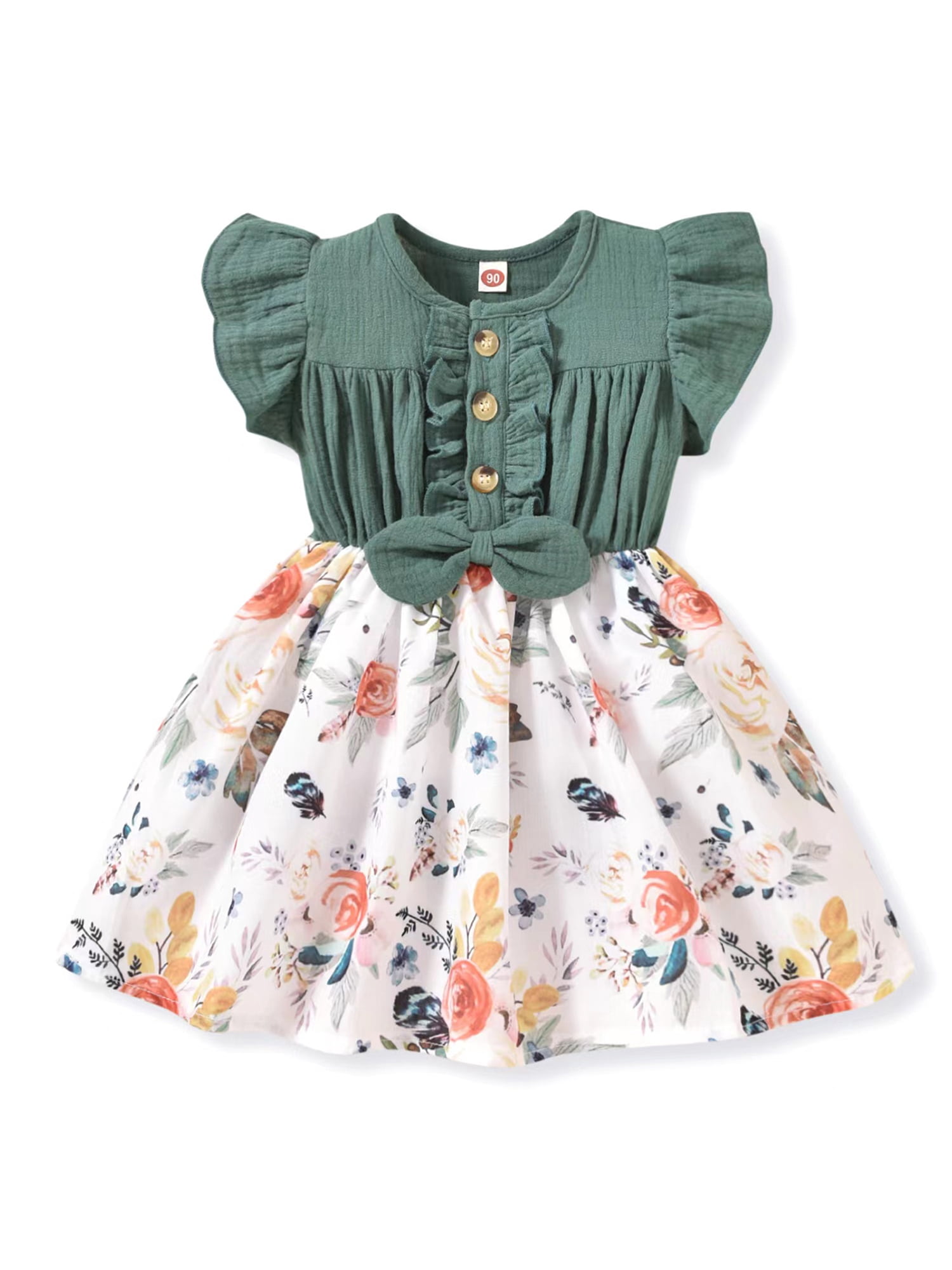 Faithtur Baby Girl's Summer Patchwork Dress Bowknot Flower Print Ruffle Sleeve Knee Length A-Line Dress