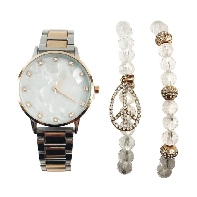Ladies Two Tone Silver and Rose Gold Watch and Bracelet Set with a 35mm round watch featuring a white mother of pearl dial, rose gold and crystal hour markers, and a two tone silver and rose gold adjustable link bracelet. Includes two stretch crystal semi-precious look bracelets with rose gold and crystal accents, one with a crystal-studded peace sign charm. Ideal for everyday wear or as a stylish gift.