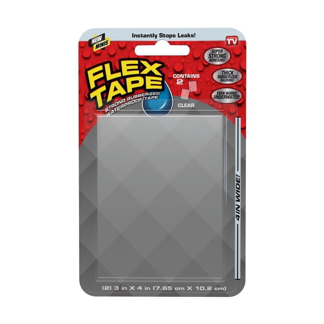 Flex Tape Mini, Clear, Super Strong Waterproof Tape, 3" x 4". The packaging displays two 3" x 4" patches of clear, rubberized waterproof tape designed for temporary repairs. The front highlights features such as super-strong adhesive, thick rubberized backing, and underwater usability. Suitable for plumbing, roof, pool, and general home repairs, as well as DIY projects. Works on various materials including PVC, metal, wood, and glass.