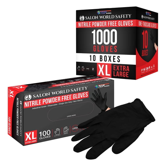 Salon World Safety Black Nitrile Disposable Gloves 10 Boxes of 100 Size X-Large 5.0 Mil - Latex Free Textured Food Safe