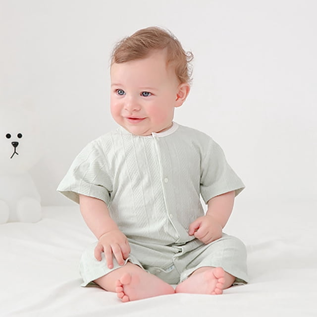 WERYOUNG Combinaison une-Pièce Filles Garçons Été Décontractée Couleur Unie Col Rond Manches Courtes Barboteuse Enfants Classique Tenue d'Intérieur Barboteuse, Vert, 6-12 Mois