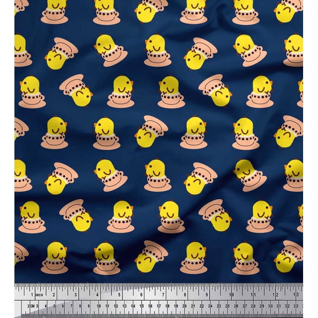 Soimoi polyester Crepe Fabric Cup,Plate & Chick Cartoon Printed Fabric 1 Yard 42 Inch Wide