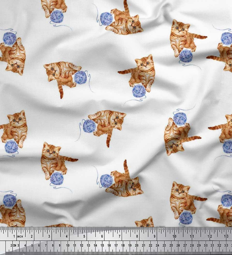 Soimoi Silk Fabric Wool & Cat Animal Printed Craft Fabric by the Yard 42 Inch Wide