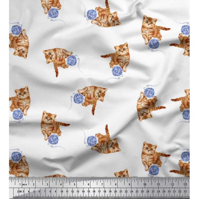 Soimoi polyester Crepe Fabric Wool & Cat Animal Printed Fabric 1 Yard 42 Inch Wide