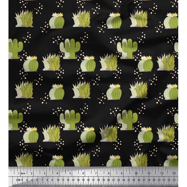Soimoi Black Poly Georgette Fabric Sea Plant & Cactus Tree Decor Fabric Printed Yard 42 Inch Wide