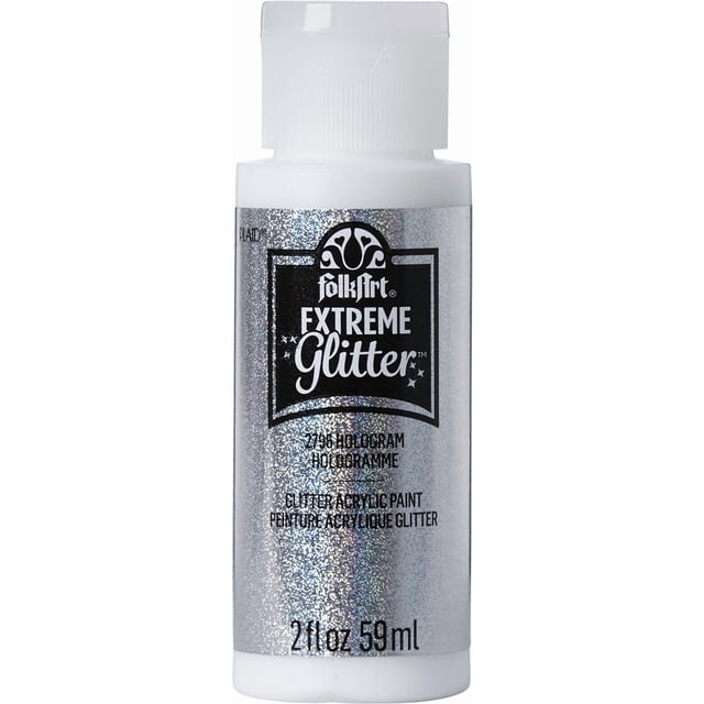 FolkArt Extreme Glitter Acrylic Paint in Glitter Hologram, 2 fl oz bottle with white cap and sparkling silver holographic label, ideal for scrapbooking, paper crafts, and decorative projects on wood, canvas, and more.