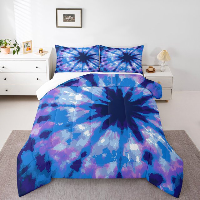 Blue Tie Dye Bedding Set,Abstract Art Queen Comforter Set,Spiral Psychedelic Down Comforter,Boho Hippie Bed Set