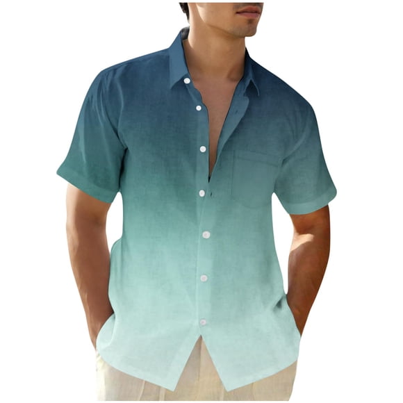 Mens Shirts Sale Clearance! Mens Gradient Linen Shirts Casual Button Down Short Sleeve Beach Summer Shirts