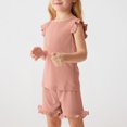 thumbnail image 2 of Toddler Girls Summer Short Sets Cotton Rib Knit Outfits Short Ruffle Cap Sleeve Tees T-Shirt Tank Tops + Skorts 2PC Sets Watermelon Red 5-6 Years, 2 of 8