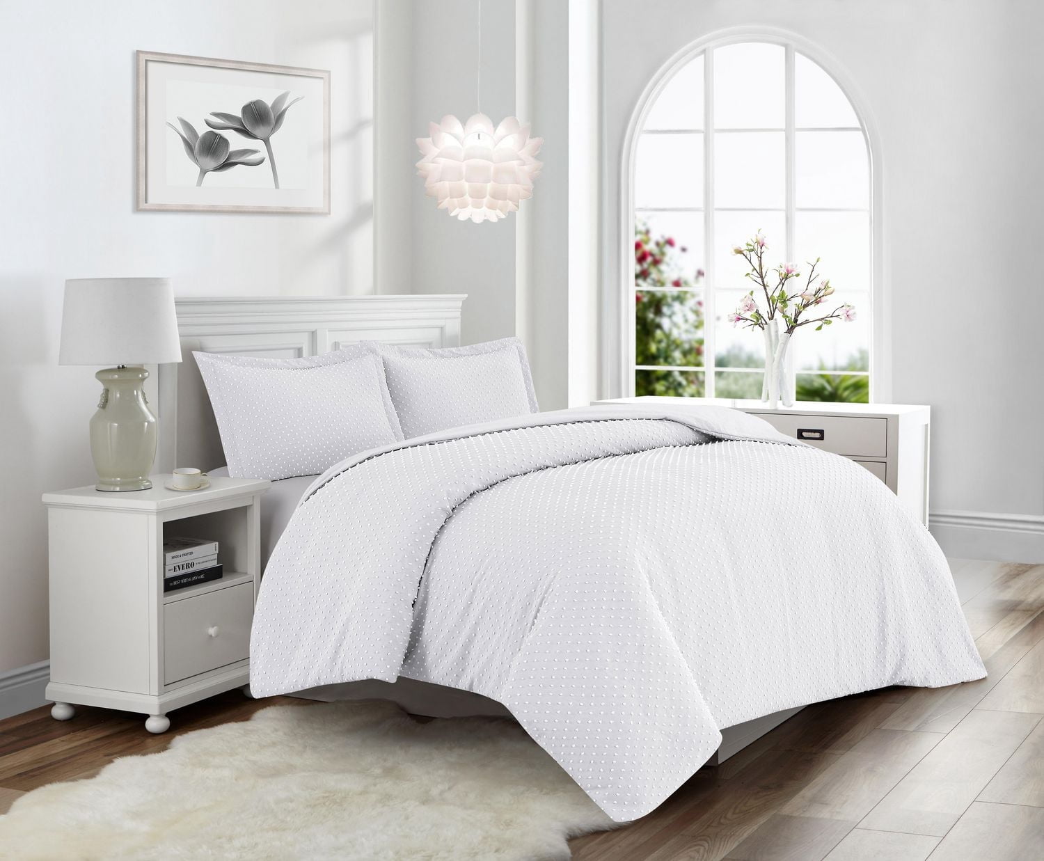 Swift Home Dot Clip Textured Duvet Cover Set, Soft All Season Bedding with Zipper Closure, Twin, White