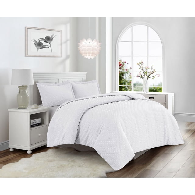 Swift Home Dot Clip Textured Duvet Cover Set, Soft All Season Bedding with Zipper Closure, Twin, White