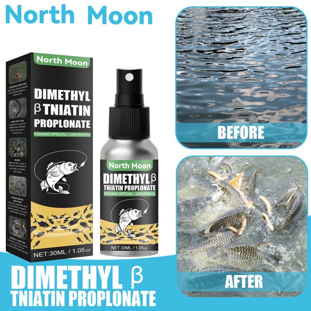 Fish Attractant Lures Baits Portable Fish Attractant Spray Fishing Accessories by Jiuou. The image features a 30ml spray bottle labeled 'Dimethyl β Tniatin Proplonate' with a fish graphic on the packaging. Designed for reservoirs, lakes, rivers, and black pits, it attracts various freshwater and marine fish species, including carp, tilapia, and crustaceans. The packaging emphasizes its effectiveness in enhancing fishing success. A 'before and after' comparison shows water without fish and then a group of fish actively feeding.