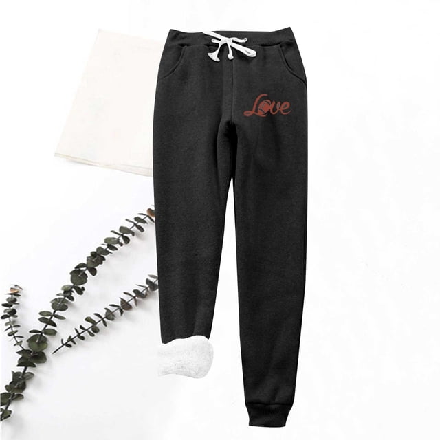 LSLJS Women's Love Printing Leggings with Elastic Drawstring Pockets Thick Warm Pants