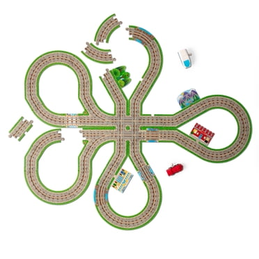 Melissa & Doug Crée ton propre chemin de fer, Puzzle de sol de 48 pièces avec 2 trains à remonter et des décors interchangeables, pour filles et garçons d'âge préscolaire à partir de 4 ans