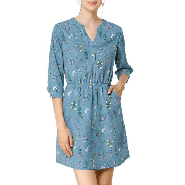 INSPIRE CHIC Robe à Boutons pour Femme à Col en V à Fleurs Manches 3/4 Poches Latérales TP Bleu