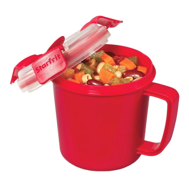 Starfrit Easy Lunch Soup Container in red with 24oz capacity and 4-sided locking airtight, leakproof lid with steam vent, filled with mixed vegetable soup including carrots and beans, suitable for microwave, freezer, and dishwasher use.